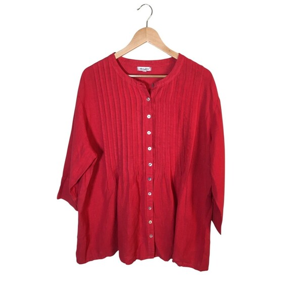 Allen Allen Top Women's Size 2X Red Long Sleeve Button Up Pleated 100% Linen - Picture 1 of 7